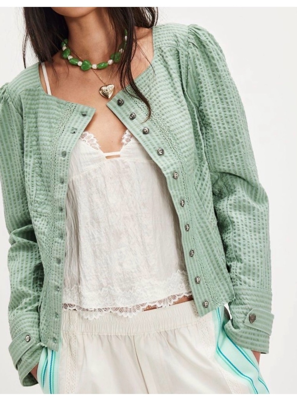 New Free People Darcy Seersucker Jacket in Maine Green